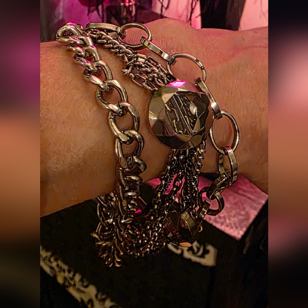 Edgy & Industrial! Mixed Metal Multi-Chain Statement Bracelet with Faceted Geome